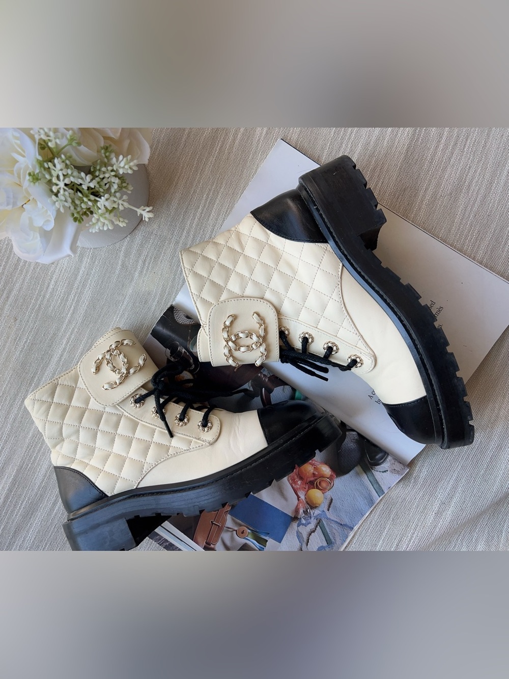 Chanel Interlocking CC Logo Leather Combat Boots 37.5